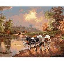 Dusk cow herd.40x50cm, картина по номерам, DIY, настенное искусство, декор для гостиной, пейзаж, фигура, животное, цветок, мультфильм