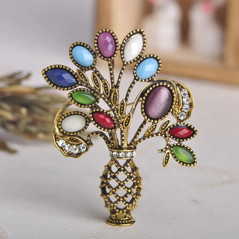 

Blucome Vintage Vase Flowers Shape Brooches Pins Simulated Opals Resin Brooch Accessories Women Sweater Hats Scarf Suit Jewelry