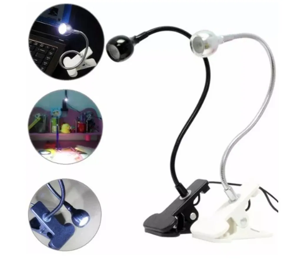 

1W USB Led Desk Lamp Flexible Reading LED Clip-on Beside Bed Table Light Desk Computer Lamp - Silver White Light
