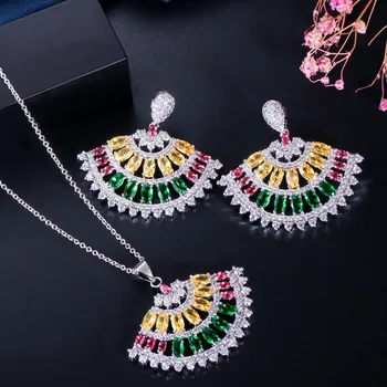

Zircons Artistic Vintage Cubic Zircon Jewelry Colorful CZ Crystal Silver Earrings Pendant Necklace Set Turkish Jewelry