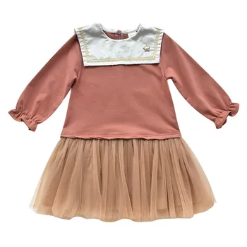 

DFXD Little Girls Princess Dress New England Style Long Sleeve Sailor Collar Lace Spliced A-line Children Party Dress For 2-8Y