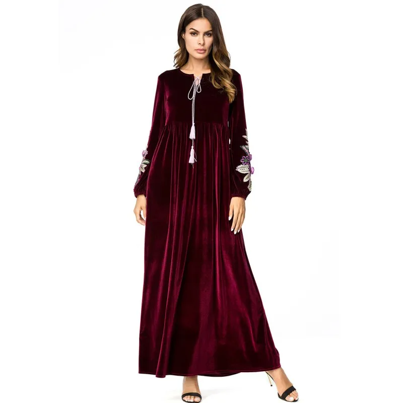 Ethnic Clothing Plus Size Women Velvet Dress Long Maxi Flower Embroidery Elegant Arabian Casual
