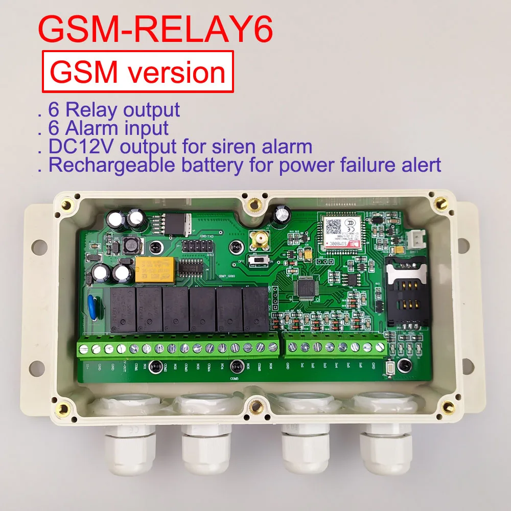 New Version Six relay output and 6 alarm input GSM remote controller Support SMS Dial to control battery for power off alert