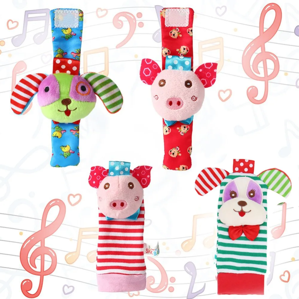 2 PCS Baby Foot Rattle, Wrist Rattle and Socks Toys Set Toddler Soft Animal Toys Pig and Dog Fun Toys