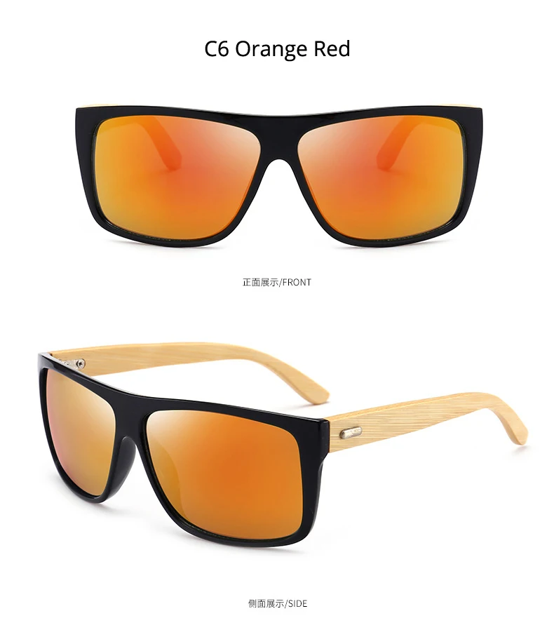 [EL Malus] Большие Квадратные Солнцезащитные очки с деревянной оправой мужские серые Серебристые синие линзы зеркальные Ретро брендовые Дизайнерские деревянные солнцезащитные очки Oculos - Цвет линз: C6 Black Orange Red