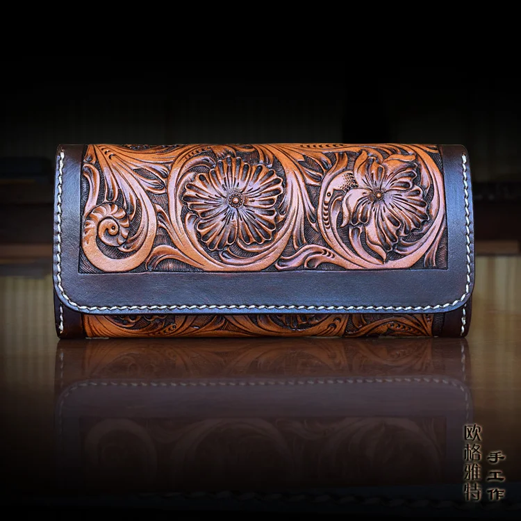 

OLG.YAT leather handmade wallet womens purse long hasp handbag Vegetable tanned cowhide wallets women Arabesque Flowers Pouches