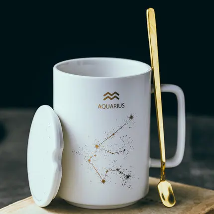 Роскошные Мраморный Узор Керамические Кружки золотое покрытие Созвездие пара подарок утренняя кружка молоко кофе чай завтрак креативная чашка - Цвет: AQUARIUS