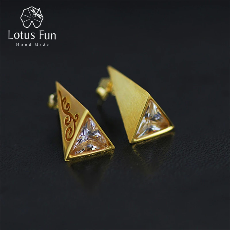 Lotus Fun Real 925 Sterling Silver Natural Creative Handmade Fine Jewelry Vintage Pyramid Stud Earrings for Women Brincos