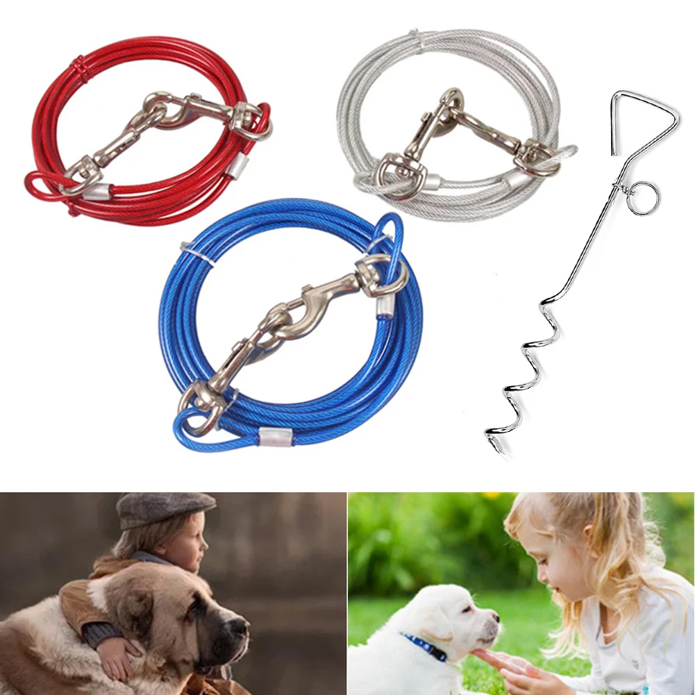 Bestzy Tie Out Cables para perros de 3 m 3 m estaca en espiral y correa con anillo de metal antiviento para perros 