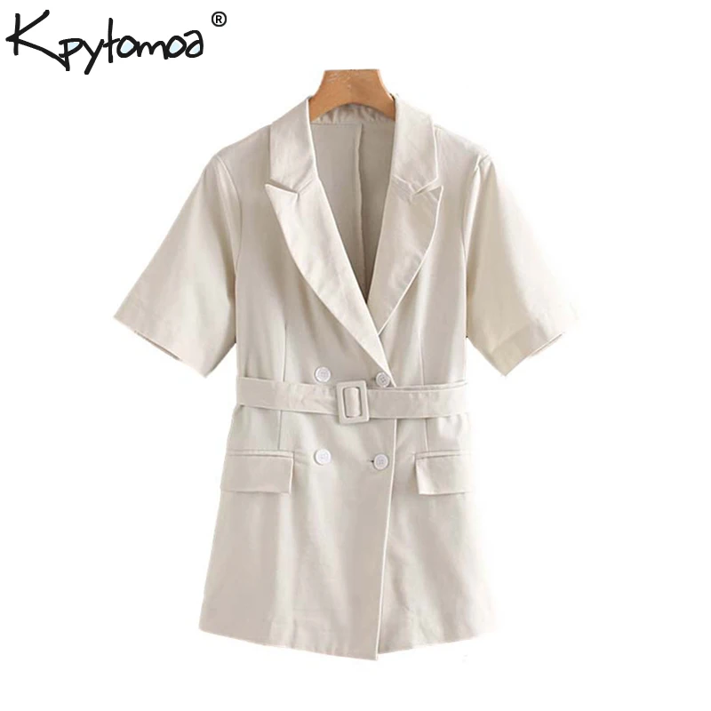

Vintage Stylish Double Breasted Blazer Coat Women 2019 Fashion Short Sleeve With Sashes Ladies Outerwear Casual Casaco Femme