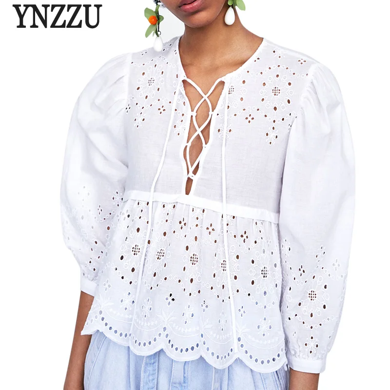 

YNZZU Casual Embroidery Womens Tops and Blouses 2018 Autumn Long Sleeve Lace up Loose White Blouse Shirt blusa feminina YT397