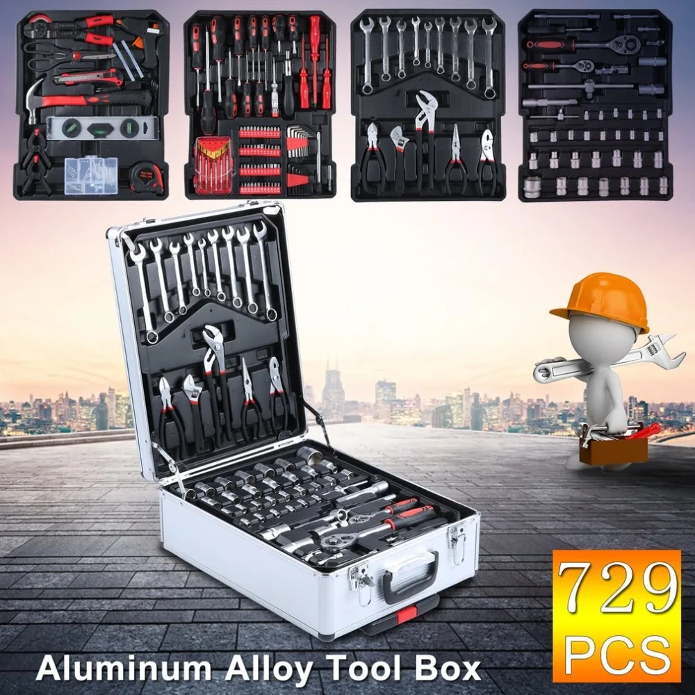 

729pcs/set Tool Trolley Suitcase Set With Aluminum Alloy Carry Box Professional Precision Tools Garage Mobile Workshop Toolbox
