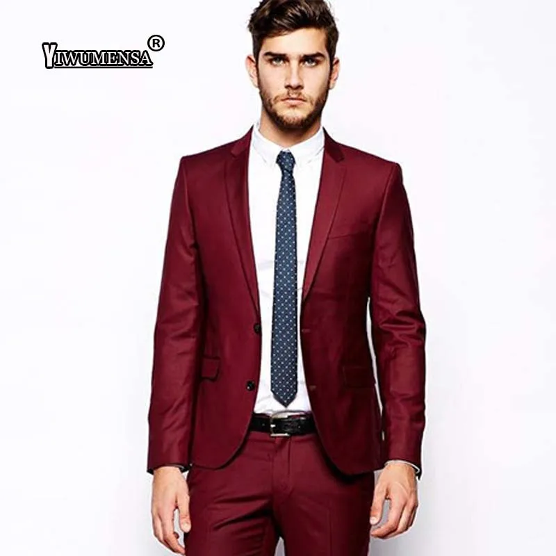 Us 5313 53 Offyiwumensa Costume Mariage Homme Wedding Suits For Men Custom Made Wine Red Suit Men Tuxedoterno Masculino Slim Fit Mens Suits In