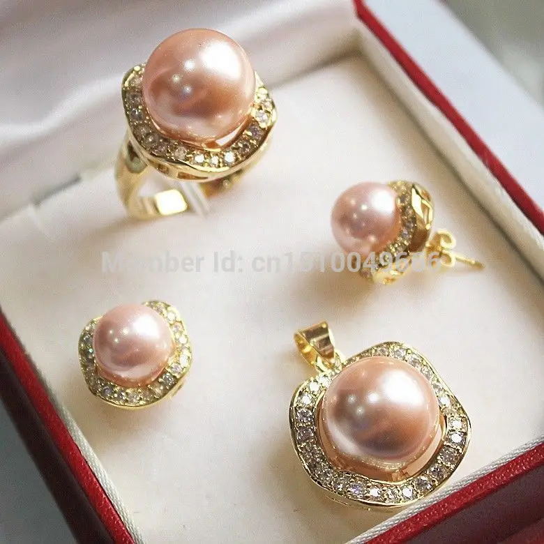 

Hot sale FREE shipping>>>1Set AAA 10mm &14mm Pink South sea Shell Pearl Earrings Necklace Ring Set A01