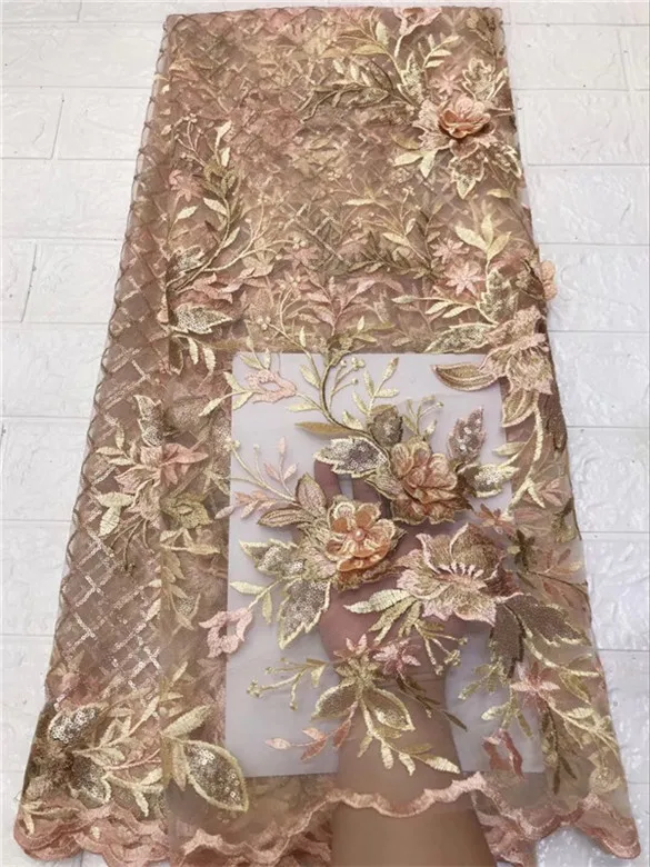 

Nigerian lace fabric 2018 high quality lace pink 3d flower beads African lace fabric embroidery French lace fabric bride Gold