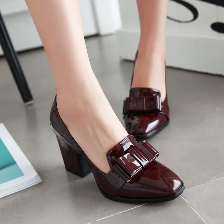 2018 Europe and America All-match Bow Thick Heels Women's Shoes High Heels Patent Leather Black Work Shoes Plus Big Size 42 43