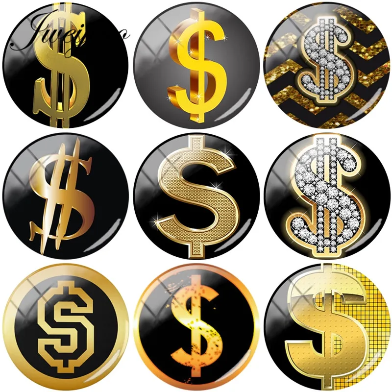 

JWEIJIAO Hot Gold Color US Dollar Symbol DIY Glass Cabochon Dome Pictures DIY Charms Accessories For Necklace Stud Earrings