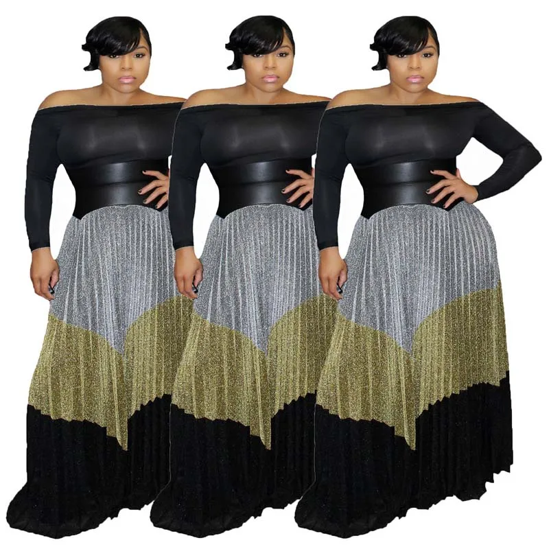 

African Long Pleated Skirt for Women Multicolor Contrast Color Fold Skirts for Party and Evening Africa Clothes Plus Size