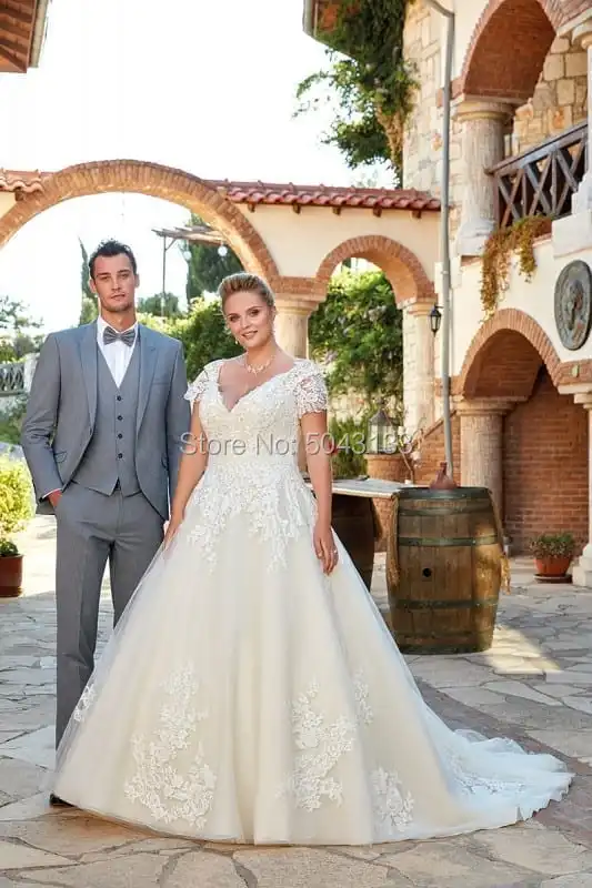 V-образный вырез кружева плюс размер свадебные платья шапки рукава Аппликация Тюль подвенечные Свадебные платья кружева невесты платье Vestido De Noiva