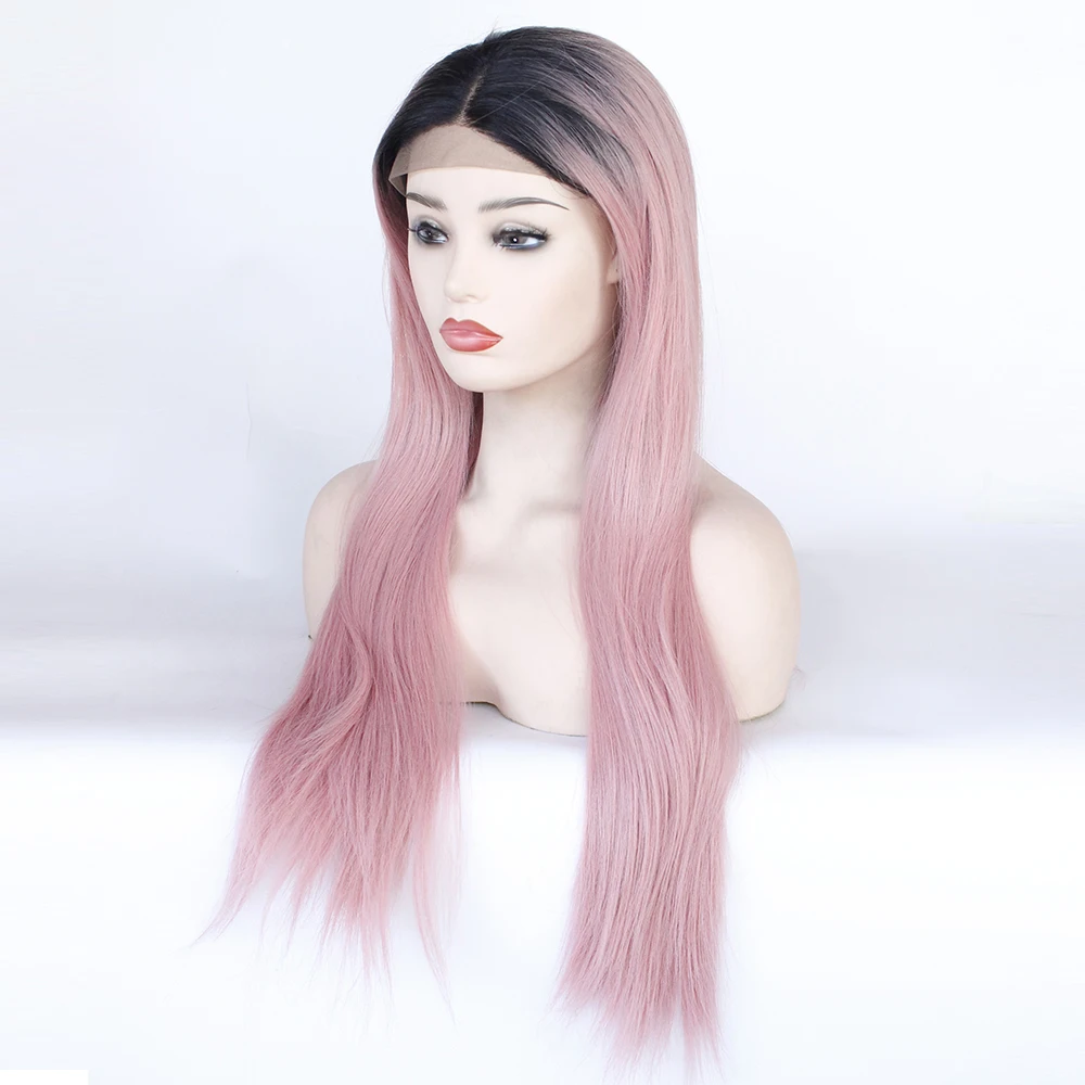 Длинные прямые темные корни Омбре персиковый розовый парик Средняя часть термостойкие волокна синтетические кружева перед Косплей парики для женщин