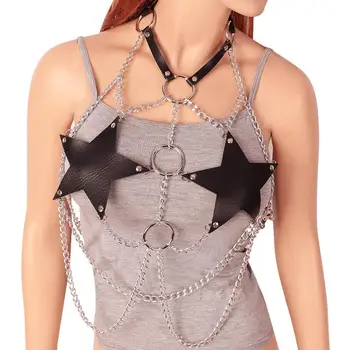 

Black Pentagram Lingerie Leather Metal Chain Punk Goth Chest Belt Body Cage Dance Festival Rave Women Crop Top Adjust Harness