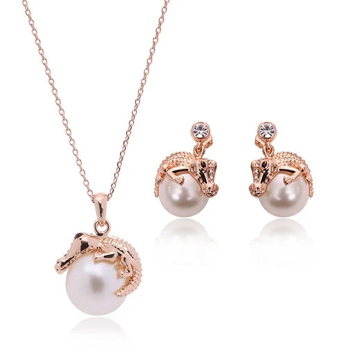 

Women Gorgeous Faux Pearl Rhinestone Crocodile Jewelry Necklace Earrings Set