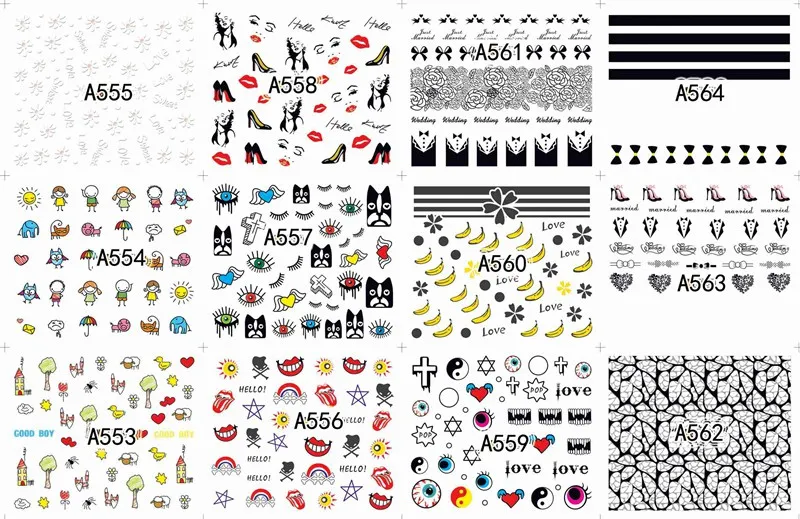 12 sheets lot water transfer nail art decorations stickers decals manicure nails supplies tool Cute animal cat dog rabbit - Цвет: A553-564