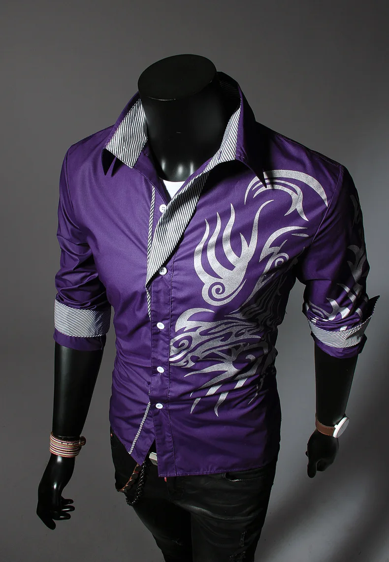 Для мужчин груди решетки линии дизайн рубашки для мальчиков в британском стиле, рубашка с длинными рукавами Личность Дракон рубашка с принтом