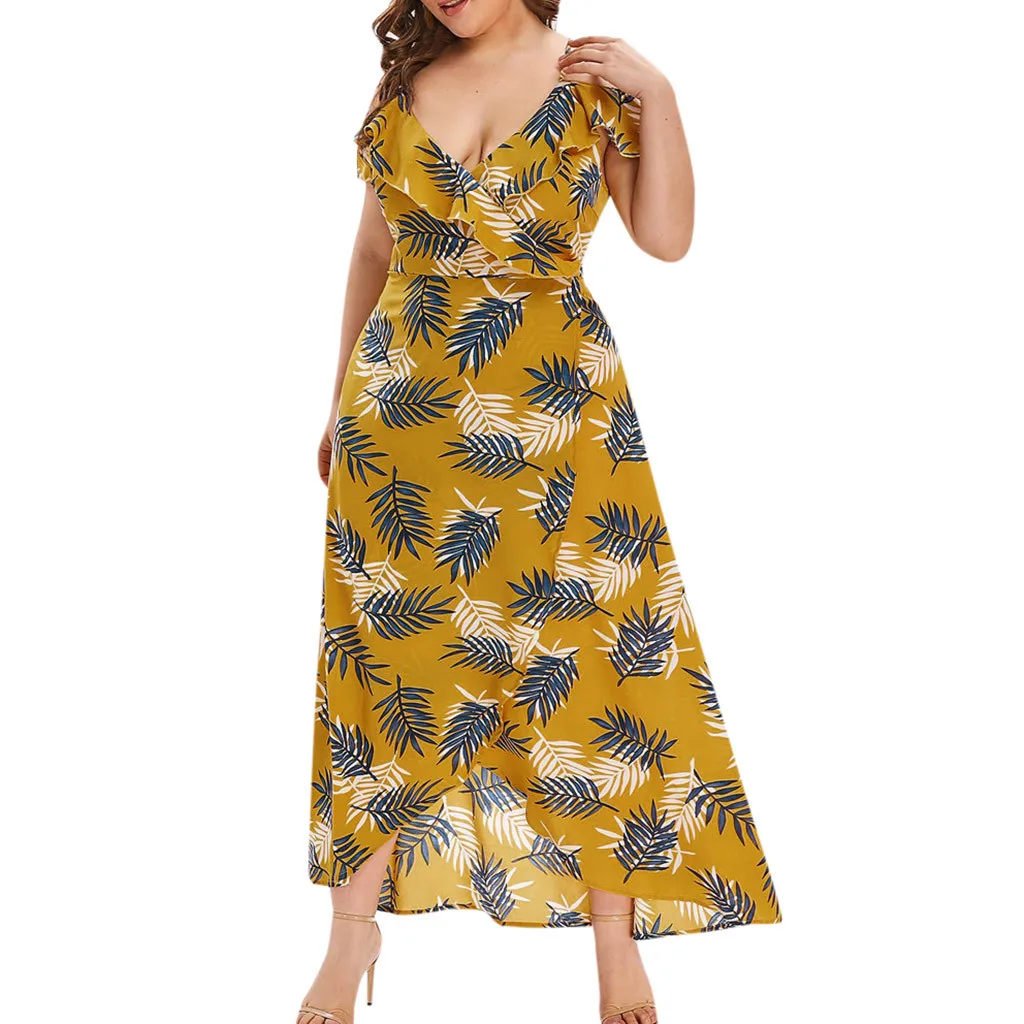 

Plus Size Maxi Dress For Women V-neck Sleeveless Straps Cold Shoulder Bohemian Style Floral Print Womens Beach Long Dresses New