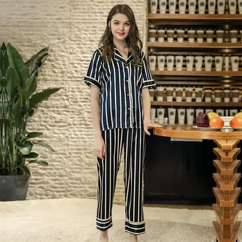 

Striped Sleeping Pajamas for Women Short Sleeve Lingerie Set Silk Womens Pijamas for Sleeping