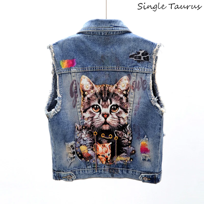 

Cat Pattern Sleeveless Jeans Vest Women Preppy Causal Chaquetas Mujeres Trendy Fashion Streetwear Denim Blue Colete Feminino