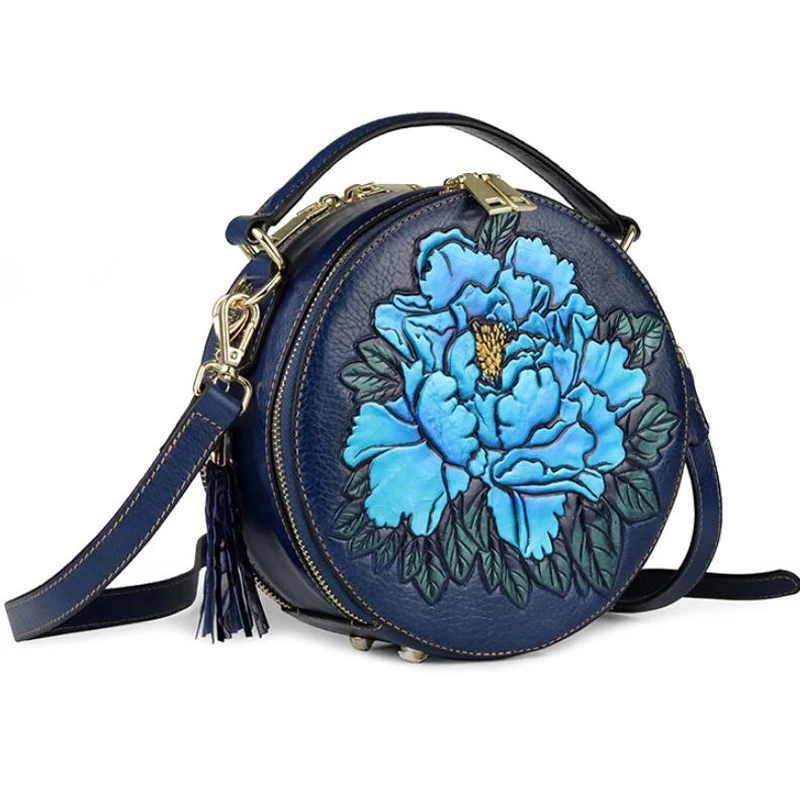 Кожаная женская сумка, Женская круглая Ретро маленькая сумка, сумка, высокая популярность, цветы, кисточка, сумки на плечо, сумка-мессенджер для отдыха