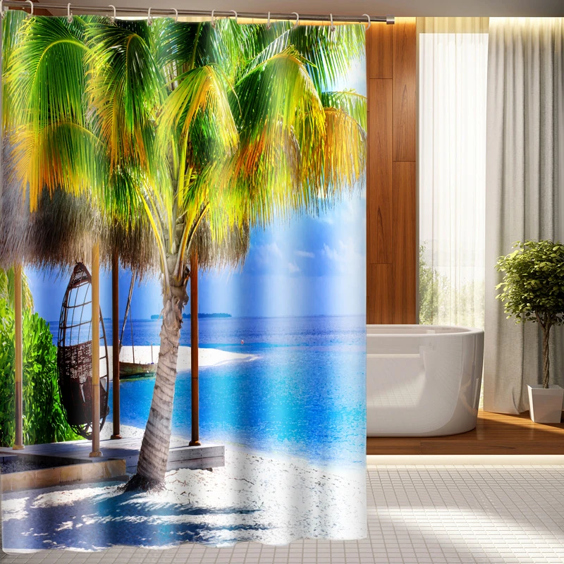 3d Shower Curtains Seascape and Coconut Tree Pattern Bathroom Curtain