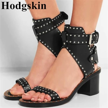 

New Design Metal Decoration Buckle Strap Rome Summer Women Boots Open Toe Genuine Leather Square Rivet Heels Female Sandals