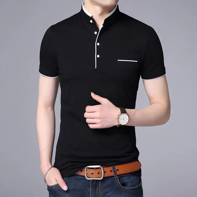 Polo marca a la moda hombre, camisa con cuello mandarín, ajustada, con botones de sólido, transpirable, ropa informal, 2023|Polo| - AliExpress