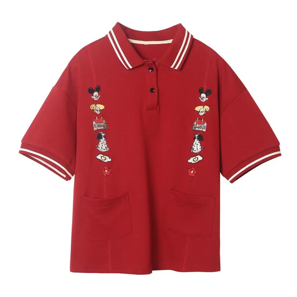 

2019 Summer New Design Women Loose Tshirt Cartoon Embroidery High Quality Cotton Red T-shirt Top For Girls Tee