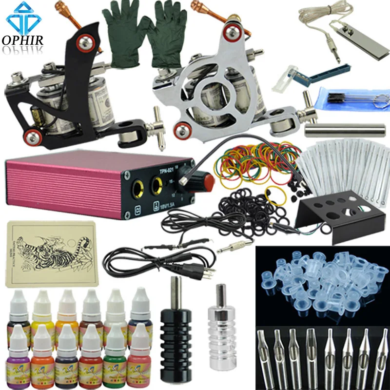 

OPHIR Tattoo Body Art Complete Tattoo Kit  2 Tattoo Machine Guns 12Colors Tattoo Ink Pigments 50x Needles Nozzle Grip Set _TA003