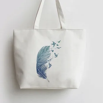 

Blue feather Canvas Shopping bag Cartoon Tote bags Reusable Shopper Grocery Bag AN096