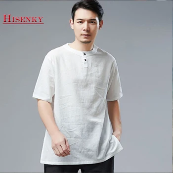 

Hisenky 2019 Summer Men Shirt Short Sleeve O-Neck Casual Loose Shirts Chinese Style Clothing Cotton Linen Tops Chemise Homme