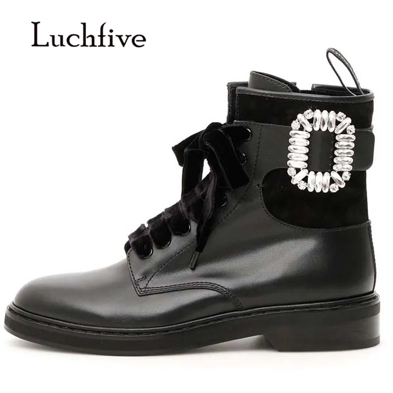 

2018 Newest Rhinestone Ankle Boots Women Round Toe Real Leather Rhinestone Buckle Velvet Lace-up Martin Boots Woman