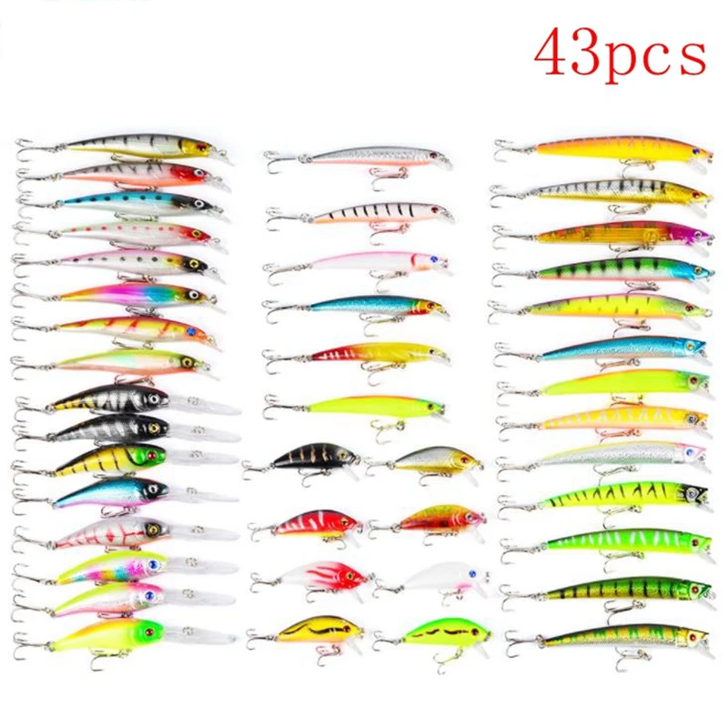 

43pcs/suit Mixed Type Minnow Lure kit Fake Bait Hard Bait Crankbait Artificial Lifelike Fishing Tackles For Ocean