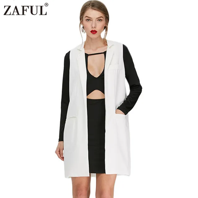 Zaful mujer blanco sólido chaleco largo chaqueta sin