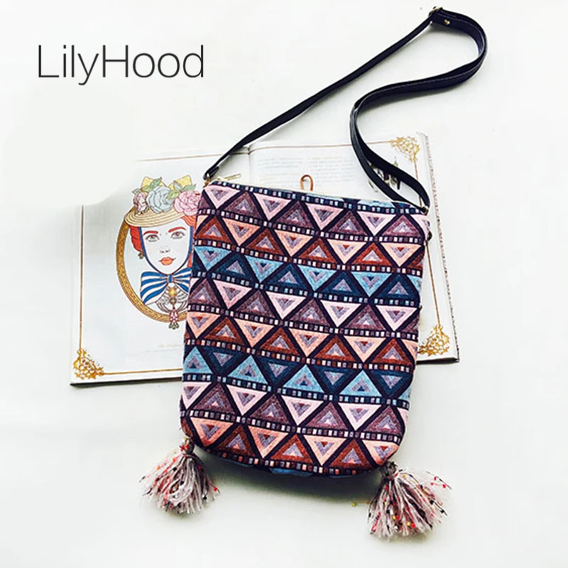 

LilyHood Handmade Fabric Shoulder Bag Female Fringe Ethnic Tribal Aztec Gypsy Bohemian Boho Chic Soft School Crossbody Bag