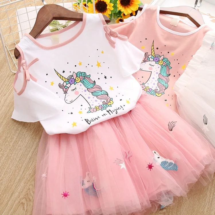 Toddler Kids Baby Girls Clothes Unicorn T-Shirt+Tulle Skirt 2PCS Birthday Outfits Suit Kids Children Summer Clothing Sets