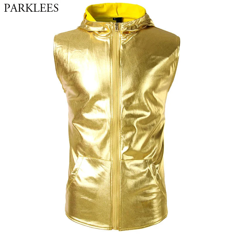 Buy Hipster Hooded Tank Top Men 2018 Shiny Gold Metallic Night Club Mens Tank