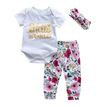 Комплект одежды из 3 предметов для маленьких девочек, Модный комбинезон с короткими рукавами и надписью «Hello World»+ повседневные штаны с цветочным принтом+ одежда для новорождённых с повязкой на голову