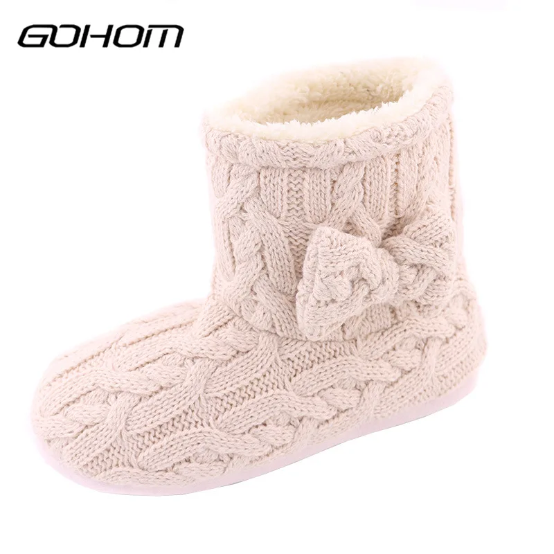 

GOHOM Ankle Woolen Home Boots Girl Grey/Pink Bow Decoration Winter Warm Footwear Soft Plush Nonslip Shoe Sapato Feminino Pantufa