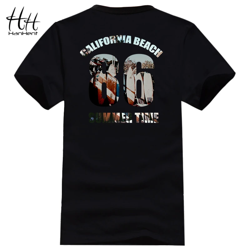 

HanHent Men's T-Shirt Surfboard Design Summer T-shirts California Beach Hip Hop Back Printed Tops Hipster Tees Rock T-shirt Men