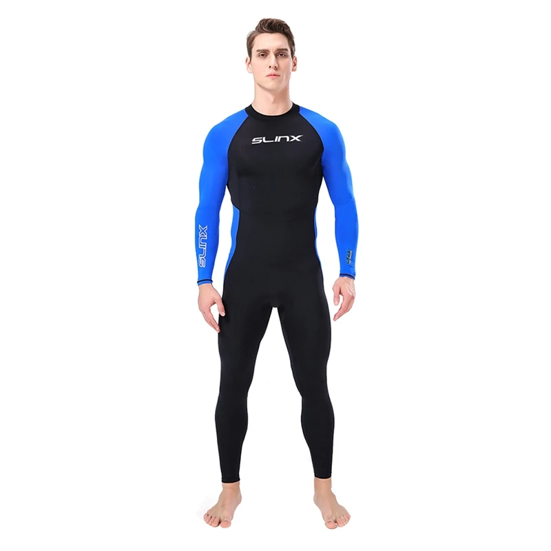 Синий Men's Thin Sweat-absorbent And Quick-drying Swimsuit One-piece Waterproof Sunscreen Surf Diving Suit Swimsuit - Цвет: Синий