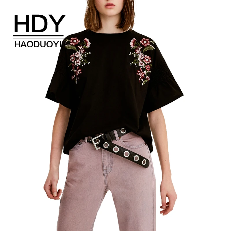 HDY Haoduoyi женская футболка с цветочной вышивкой свободная вырезом лодочкой и